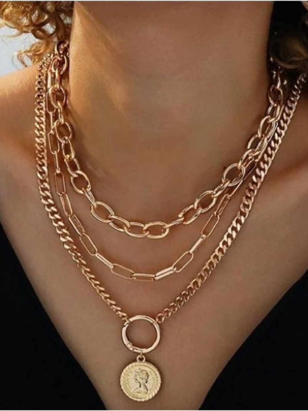Anthropologie Layered Gold Coin and Chain Necklace Set - Picture 4 of 6